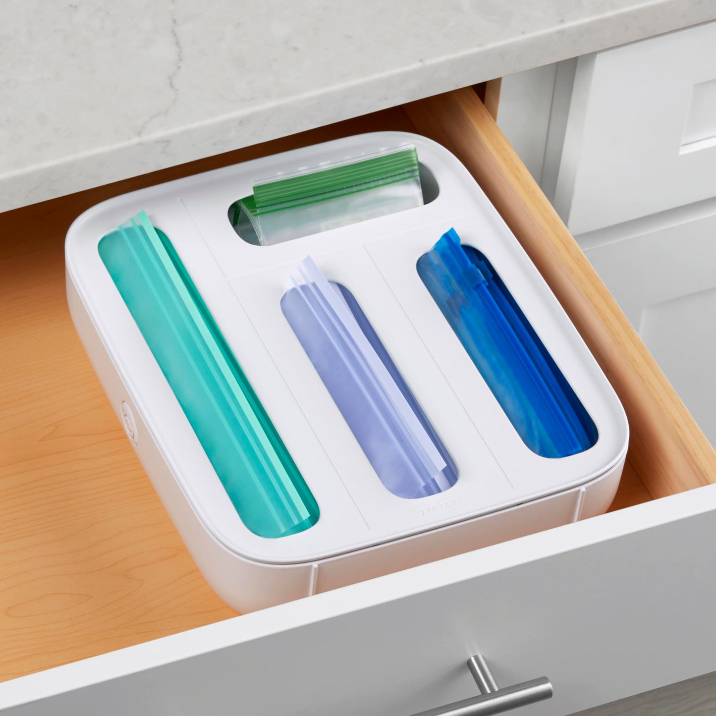 YouCopia StoraBag Plastic Sandwich Bag Organizer for Kitchen Storage, 4-Slot, White