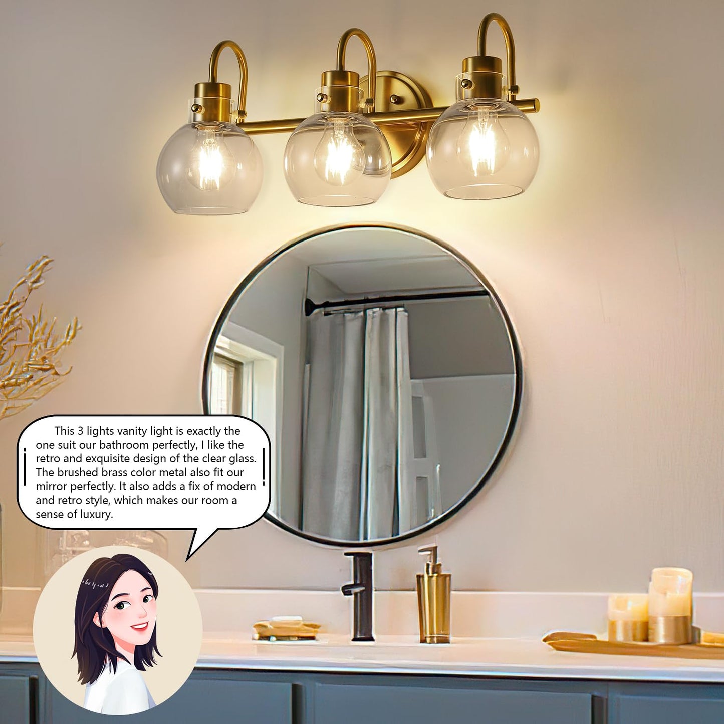 3-Light Vanity Light, Brushed Brass Bathroom Light Fixtures, Farmhouse Wall Sconces with Globe Clear Glass Shade, Porch Wall Mount Lamp for Mirror, Kitchen, Porch, Living Room, Workshop (E26 Base)