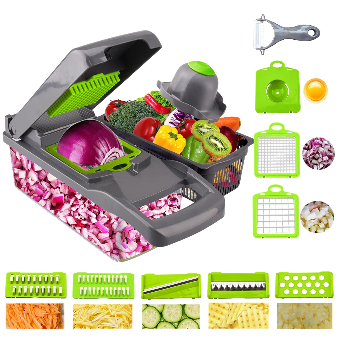Vegetable Chopper Onion Chopper Cutter Pro 14 in 1 Food Chopper Slicer Dicer Kitchen Manual Veggie Chopper Cutter with 8 Blades Container Drain Basket for Tomato Potato Carrot Chopper