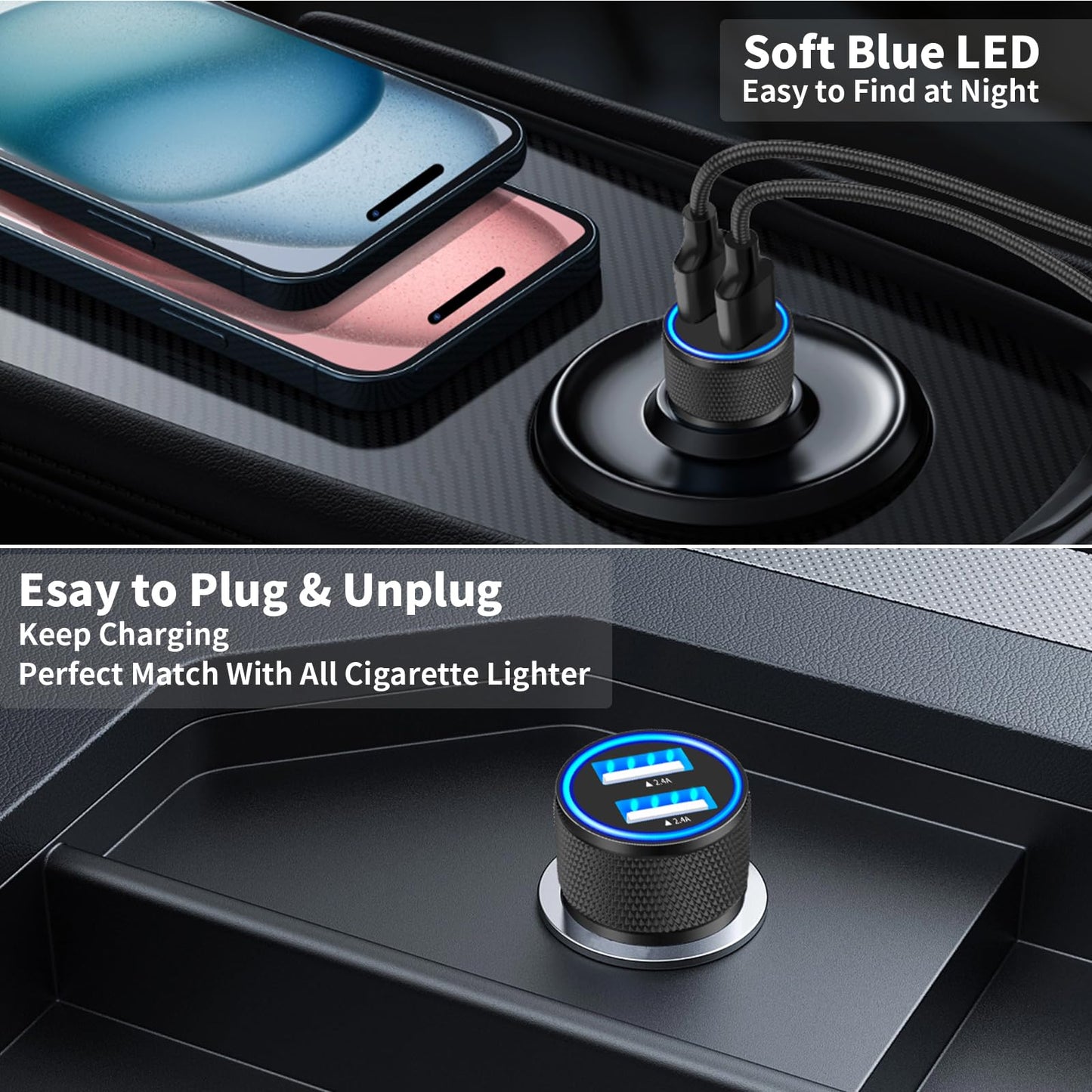4.8A Dual USB Car Charger with 2 Pack Cable