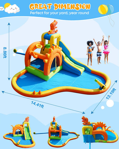 Dinosaur Inflatable Water Slide Park - 7 in 1 Bounce House with Slide, Jump Area, Splash Pool, Climbing Wall & Basketball Hoop | 480W Blower Included | Indoor/Outdoor Backyard Play for Kids 3-10