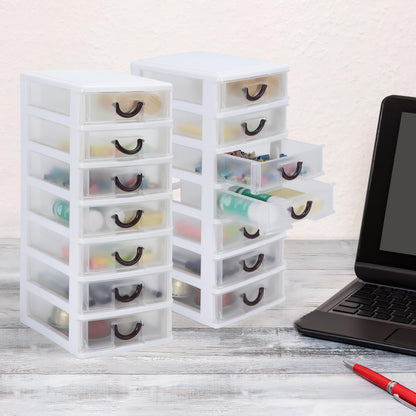 Rempry 2 Pack Mini Plastic Drawers Organizer, 7.1"x5.1"x13.2" Small Storage Drawers Organizer Container Case with 7 Clear Desktop Drawer Units, White