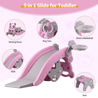 5-and-1 Kids Slide,Indoor Outdoor Playset for Toddlers Age 1-3,Kids Slide Indoor and Outdoor Playground,Toddler Slide with Ball & Hoop(Pink)