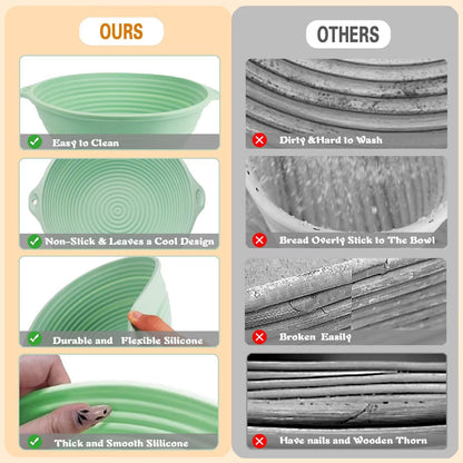 Upgraded Silicone Sourdough Bread Proofing Baskets - Including steel rings, Sourdough Starter Kit, 9 Inch Round Foldable Sourdough Baking Basket (Green)