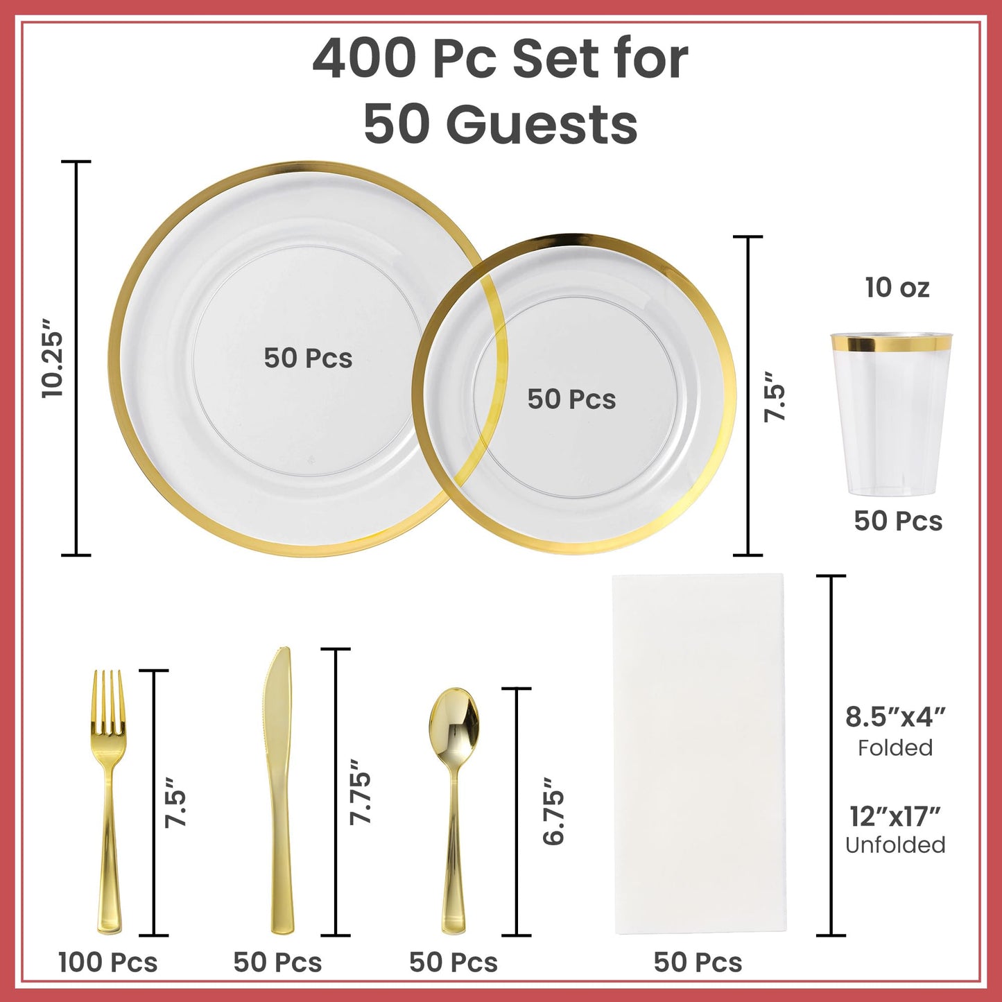 Clear & Gold Disposable Party Plates Set for 50