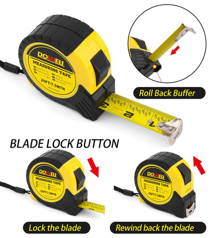 DOWELL Measuring Tape Measure 25ft Measurement Tape Steel Blade Shock Absorbent Solid Rubber Case Accurate Easy Read with Fractions 1/8 for Construction Contractor Carpenter Architect Woodworking (1)