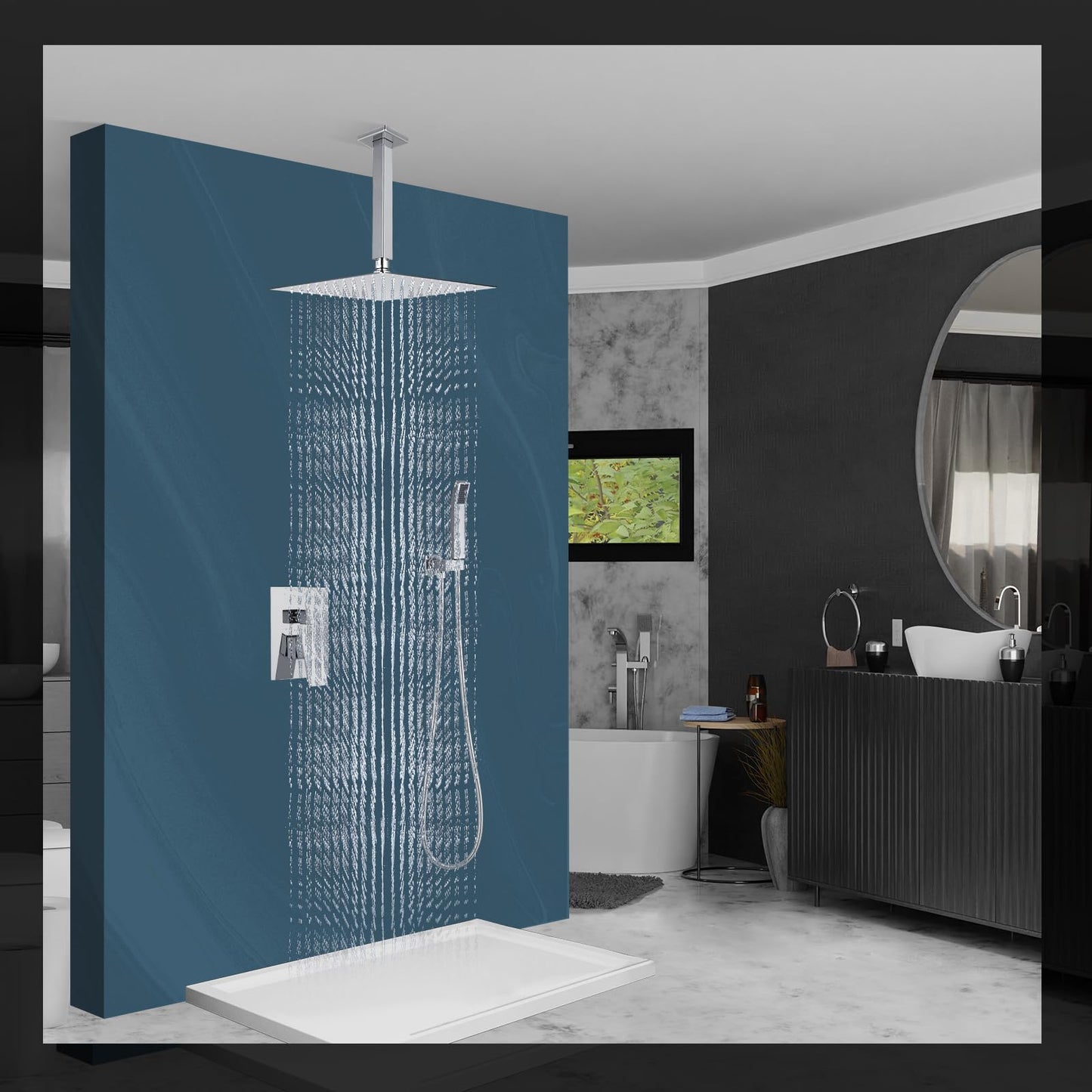 Qomolangma 10 inch Rain Shower System, Ceiling Mounted Bathroom Shower Faucet Set with Pressure Balance Valve, 2-Functions Shower Systems with Rain Shower and Handheld Spray Shower Trim Included