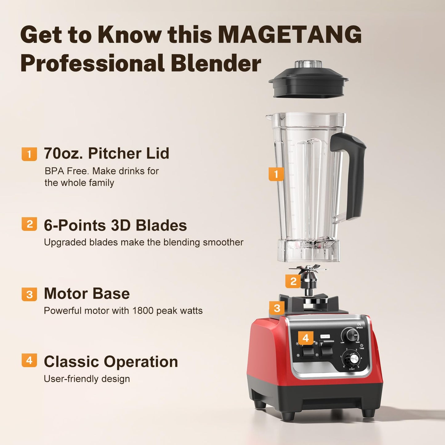 MAGETANG Powerful 1800W Smoothie Blender with 70 Oz