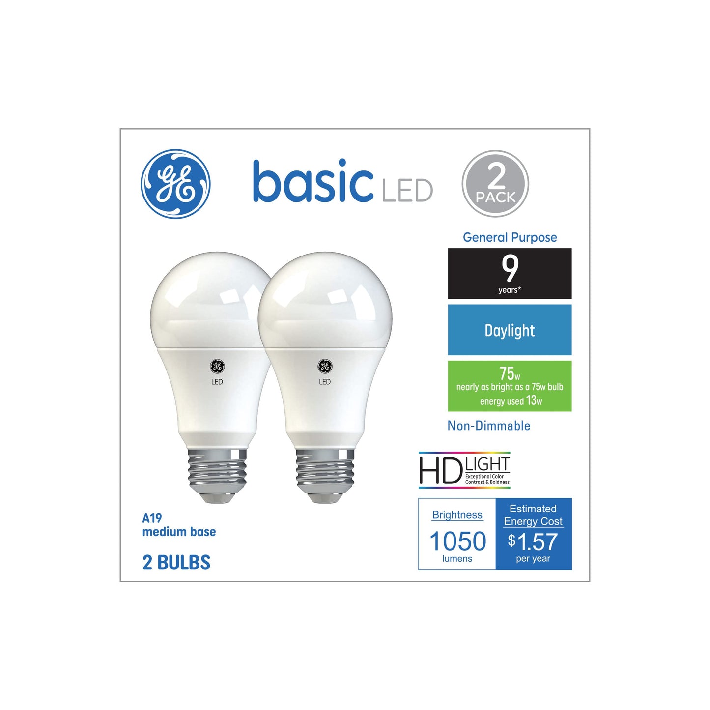 GE Basic LED Light Bulbs, 75 Watt, Daylight, A19 (2 Pack)