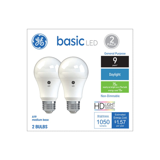 GE Basic LED Light Bulbs, 75 Watt, Daylight, A19 (2 Pack)