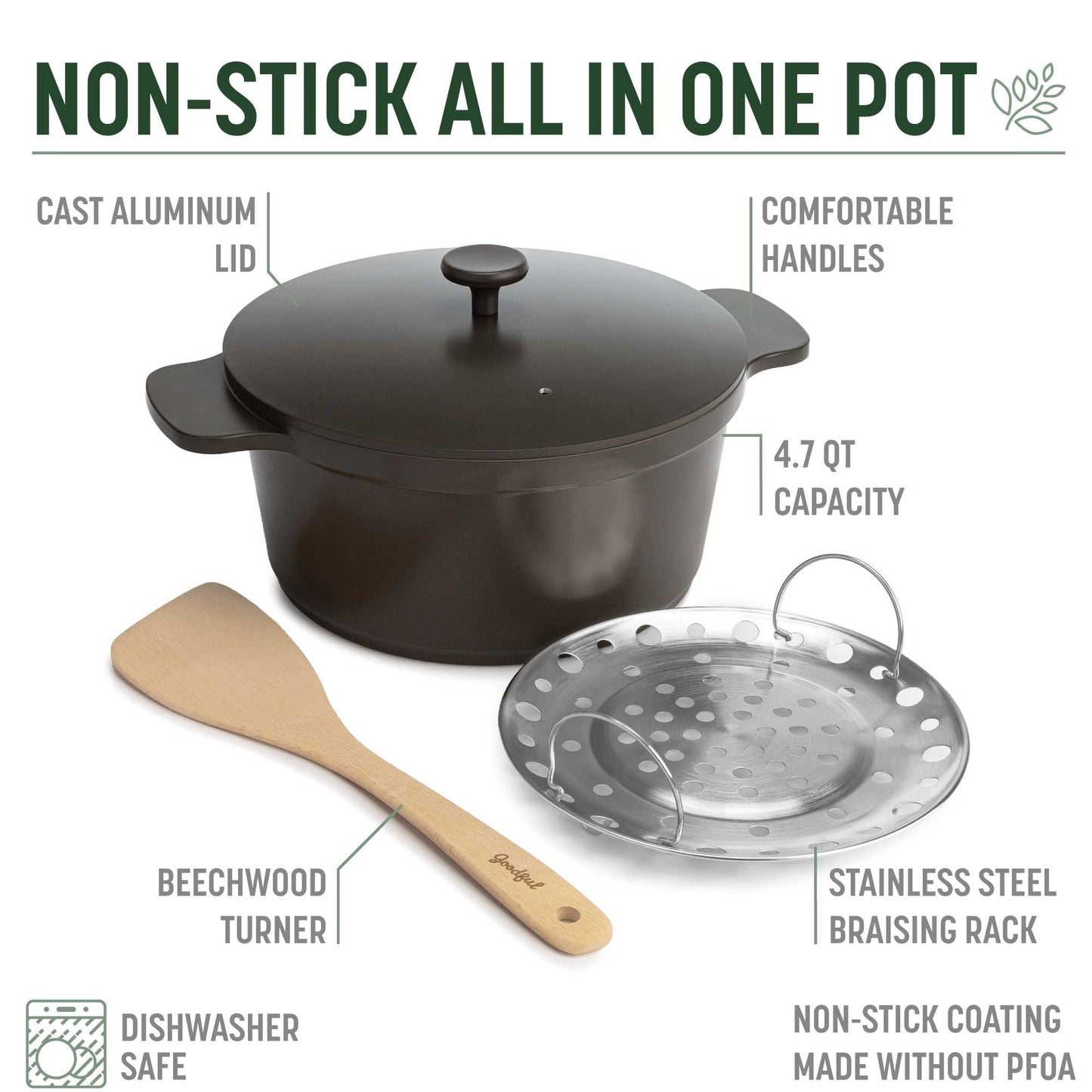 Goodful All-In-One Pot, Multilayer Nonstick, High Performance Cast Dutch Oven With Matching Lid, Roasting Rack And Turner, Made Without PFOA, Dishwasher Safe Cookware, 4.7-Quart, Graphite