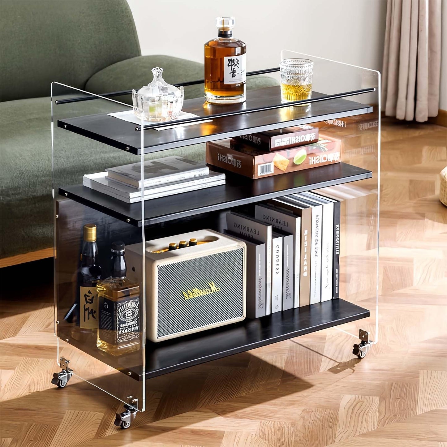 VRFRSX Acrylic Black Bar Cart,Wine Rack Cart,Wine Tea Liquor Shelve,Serving Carts,Kitchen Cart with Lockable Casters, Acrylic Home Furniture,26.4" L x 14.2" W x 27.6" H,3-Tier