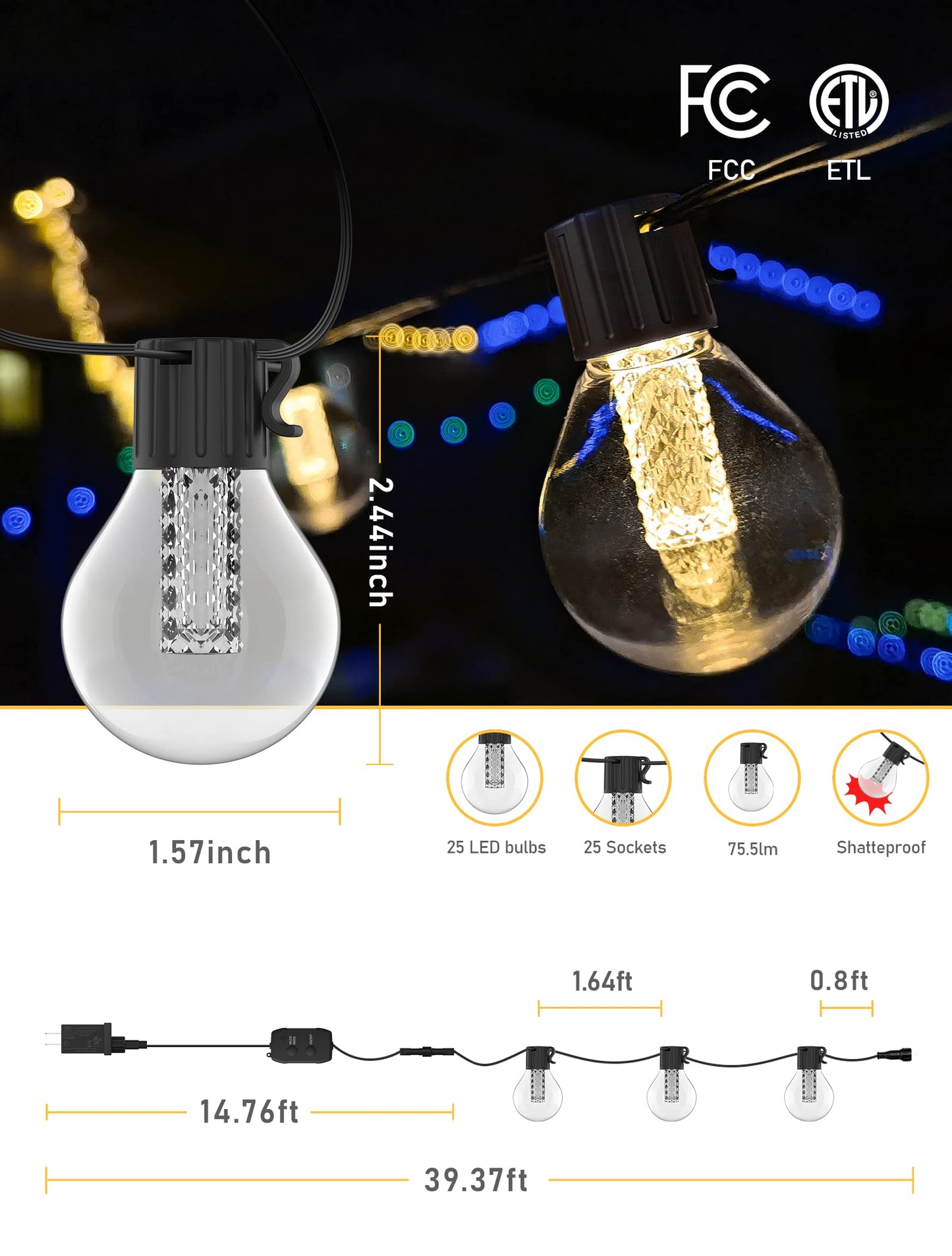 Aoycocr 25FT Waterproof Outdoor String Lights with App