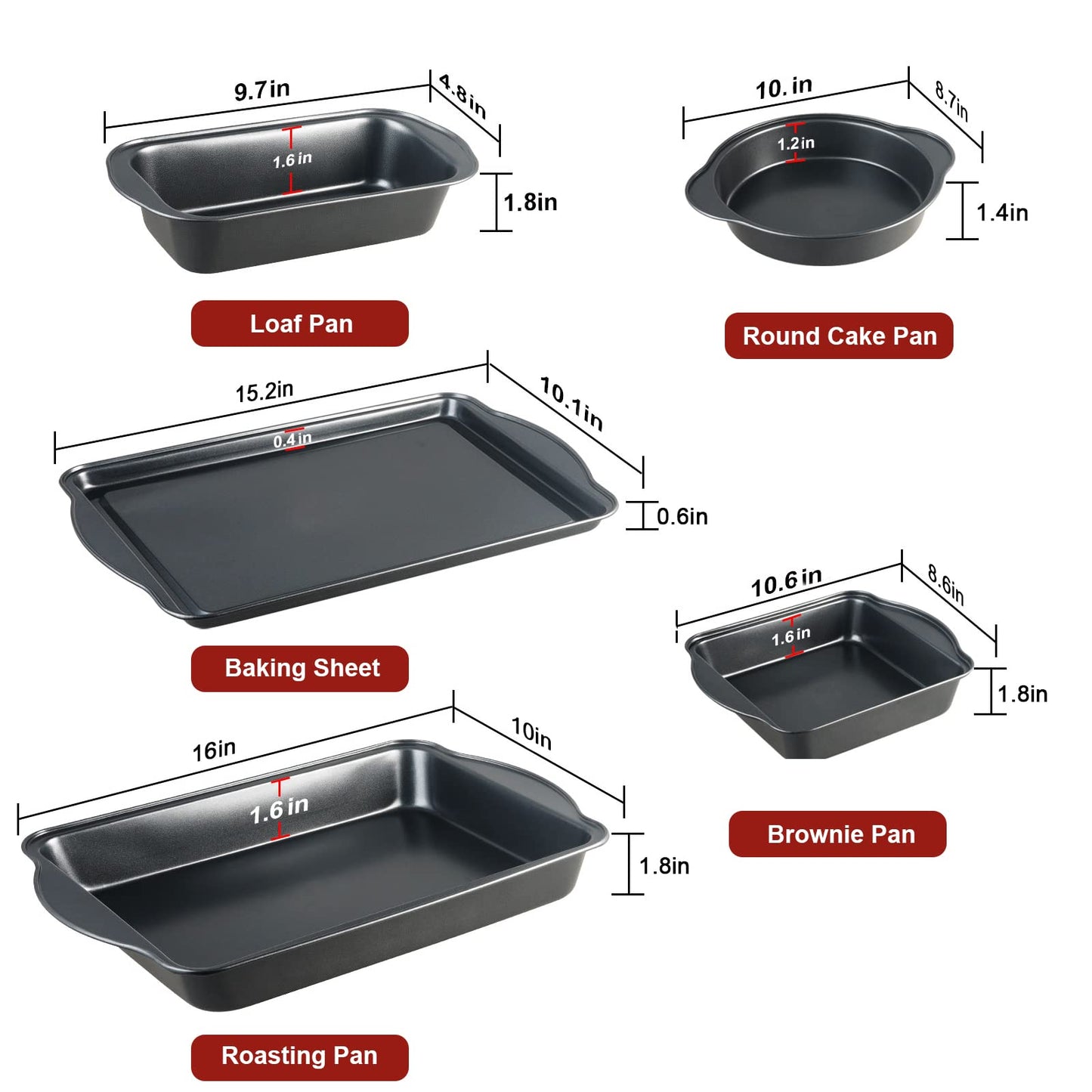 S·KITCHN Bakeware Set with Grips Nonstick Baking Set Including Loaf Pan Pie Pan Roasting Pan Cookie Sheet and Brownie Pan - 5 Piece