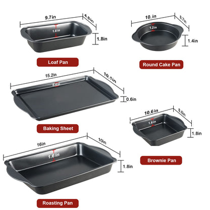 S·KITCHN Bakeware Set with Grips Nonstick Baking Set Including Loaf Pan Pie Pan Roasting Pan Cookie Sheet and Brownie Pan - 5 Piece