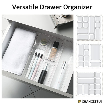 48Pcs Clear Plastic Drawer Organizer Set 4-Size Versatile Vanity and Desk Drawer Storage Bins, Drawer Organizer Trays and Bathroom Drawer Organizer for Jewelries, Kitchen Utensils, Office Supply