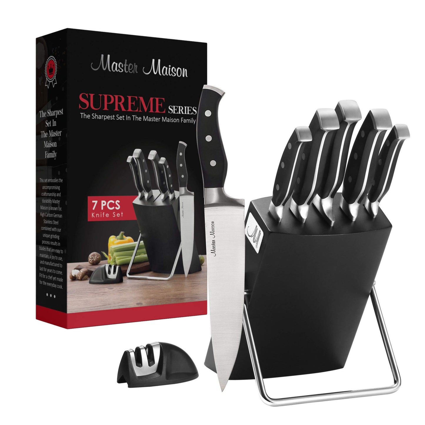 Master Maison 7-Piece Premium Black Kitchen Knife Set with Knife Block & Dual Knife Sharpener German Stainless Steel Knives | Professional Butcher Block Knife Set For Kitchen | Chef Knife Sets