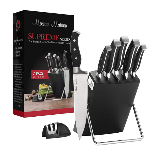 Master Maison 7-Piece Premium Black Kitchen Knife Set with Knife Block & Dual Knife Sharpener German Stainless Steel Knives | Professional Butcher Block Knife Set For Kitchen | Chef Knife Sets