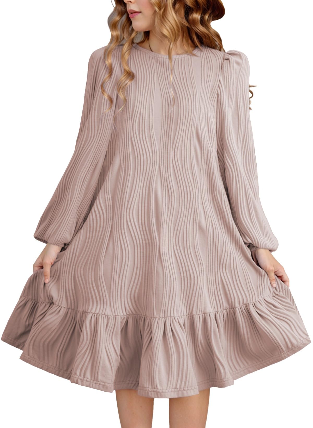 blibean Teen Girls Fall Dress Little Kids Long Sleeve Dresses Tween Girl Solid Boho Knit Clothes Casual Pleated Cute School Textured Outfits Size 6-7 Years Old Dusty Pink