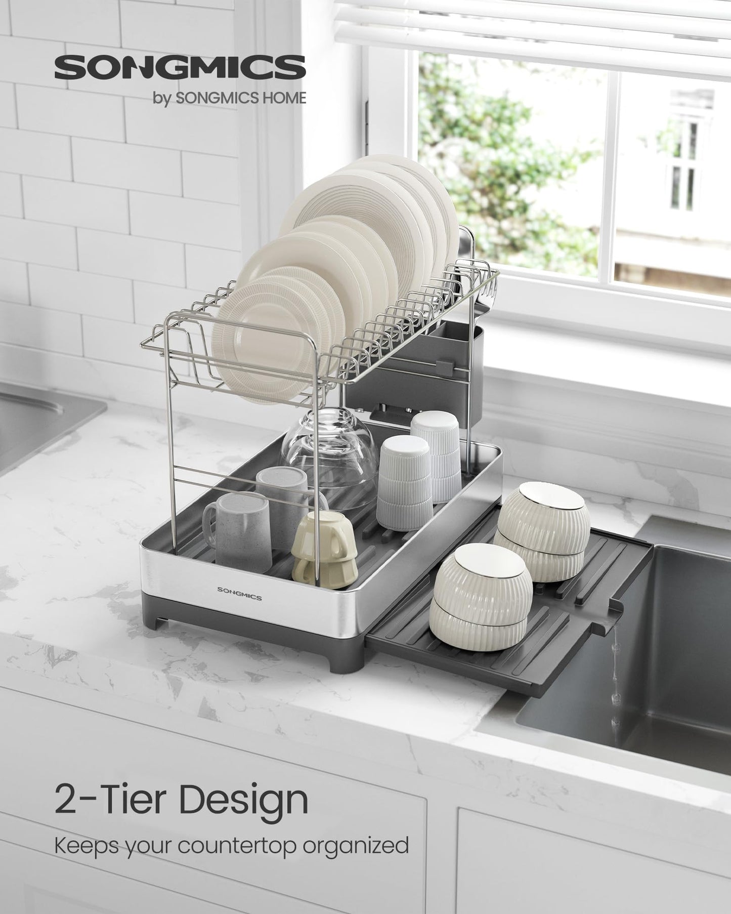 SONGMICS 2-Tier Expandable Dish Drying Rack