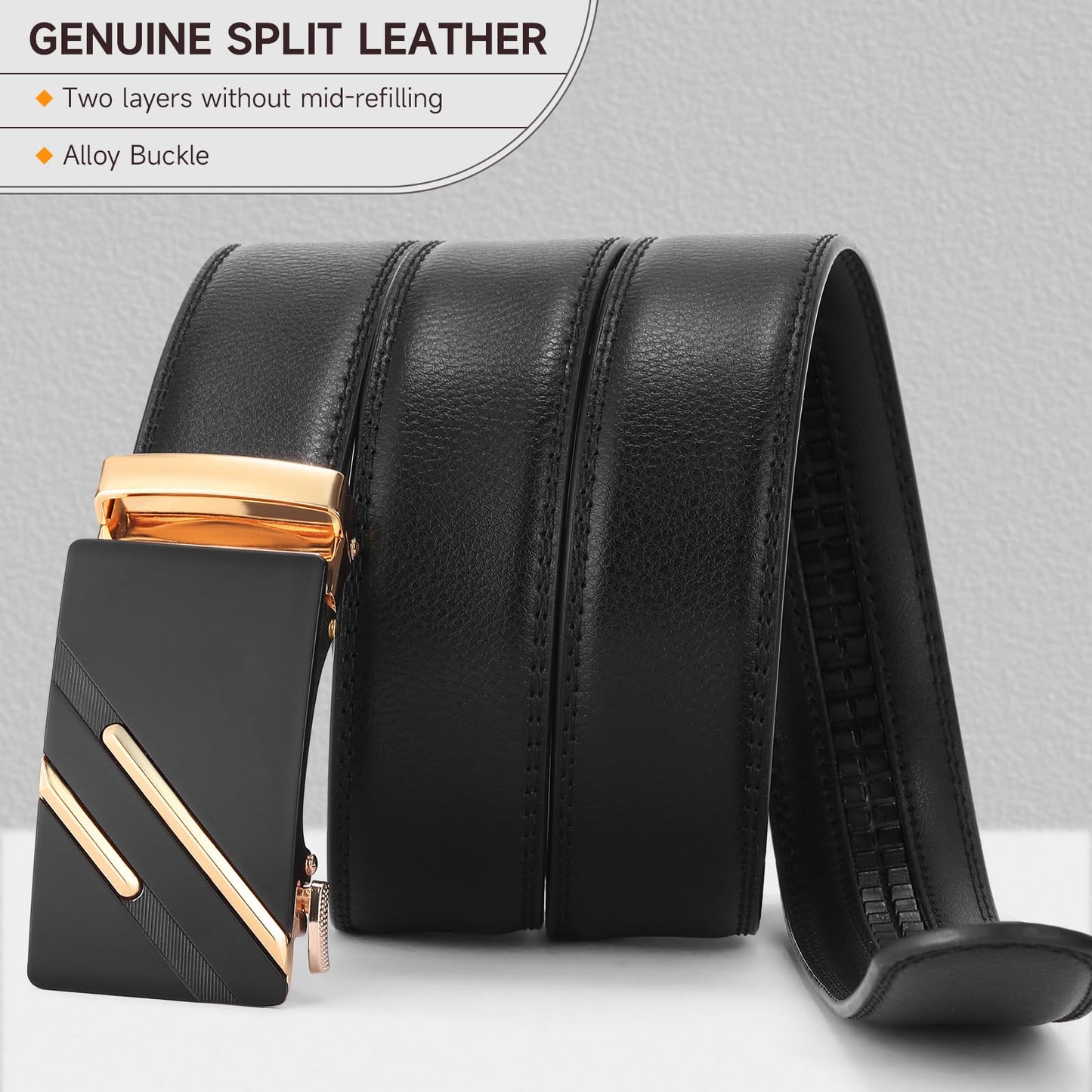 GAEKEAO Men's Ratchet Belt Genuine Leather 1 3/8" Slide Belt for Men Automatic Adjustable Click Buckle Belts for Dress Casual Trim to Fit