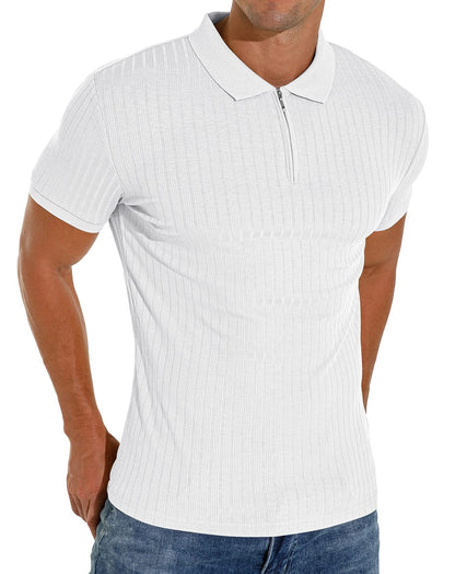 Askdeer Men's Zip Polo Shirts Classic Short Sleeve Stretch Slim Fit Casual T Shirts White