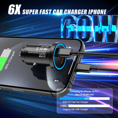 [MFi Certified] iPhone 15 Fast Car Charger, Mini 60W All Metal Dual USB C Car Charger Fast Charging Adapter & 2 Pack USB C to USB C Cord for iPhone 15/15 Plus/15 Pro/15 Pro Max/iPad Pro/Air/Mini