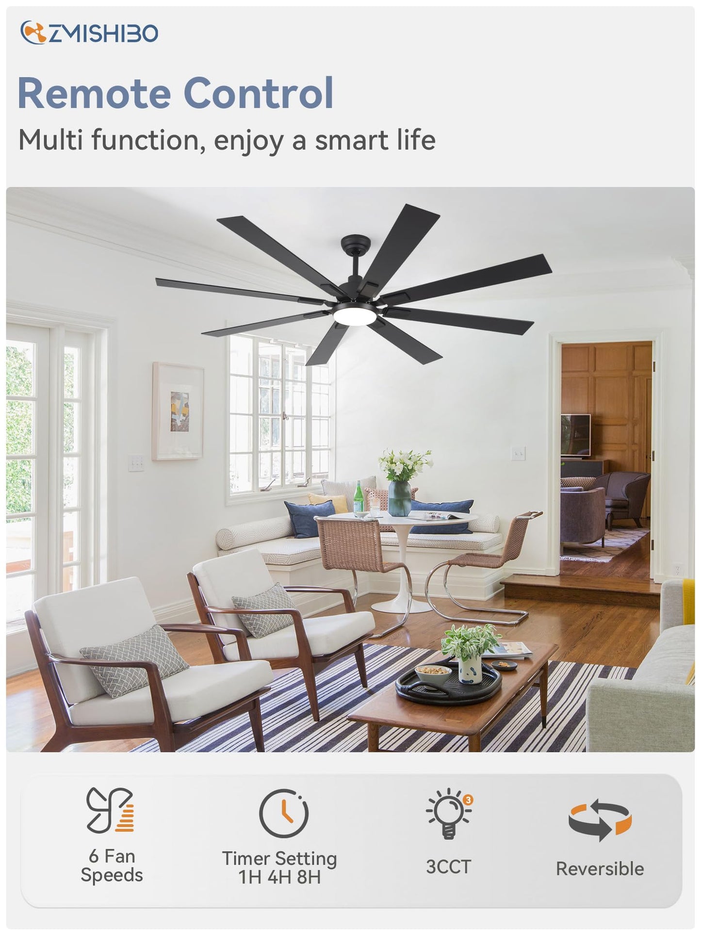 ZMISHIBO 72" Ceiling Fan with Lights & Remote