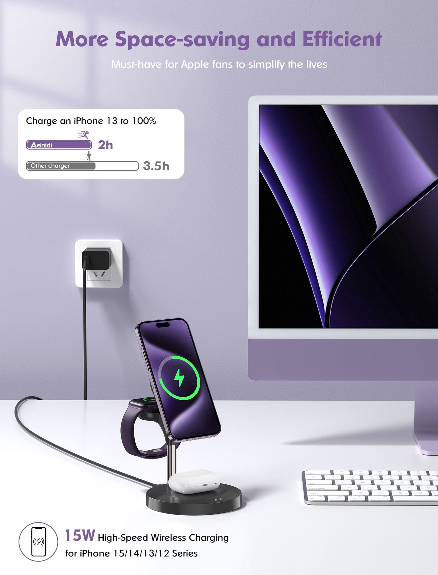 3 in 1 Wireless Charging Station for Multiple Devices Apple, Aeinidi 15W Fast Mag-Safe, Magnetic Charger Stand for iPhone 15 14 13 12 Pro Max/Plus/Pro/Mini, Apple Watch, AirPods Pro 3 2, Black