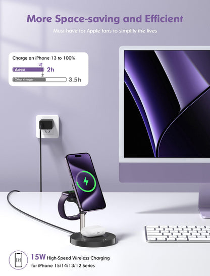 3 in 1 Wireless Charging Station for Multiple Devices Apple, Aeinidi 15W Fast Mag-Safe, Magnetic Charger Stand for iPhone 15 14 13 12 Pro Max/Plus/Pro/Mini, Apple Watch, AirPods Pro 3 2, Black