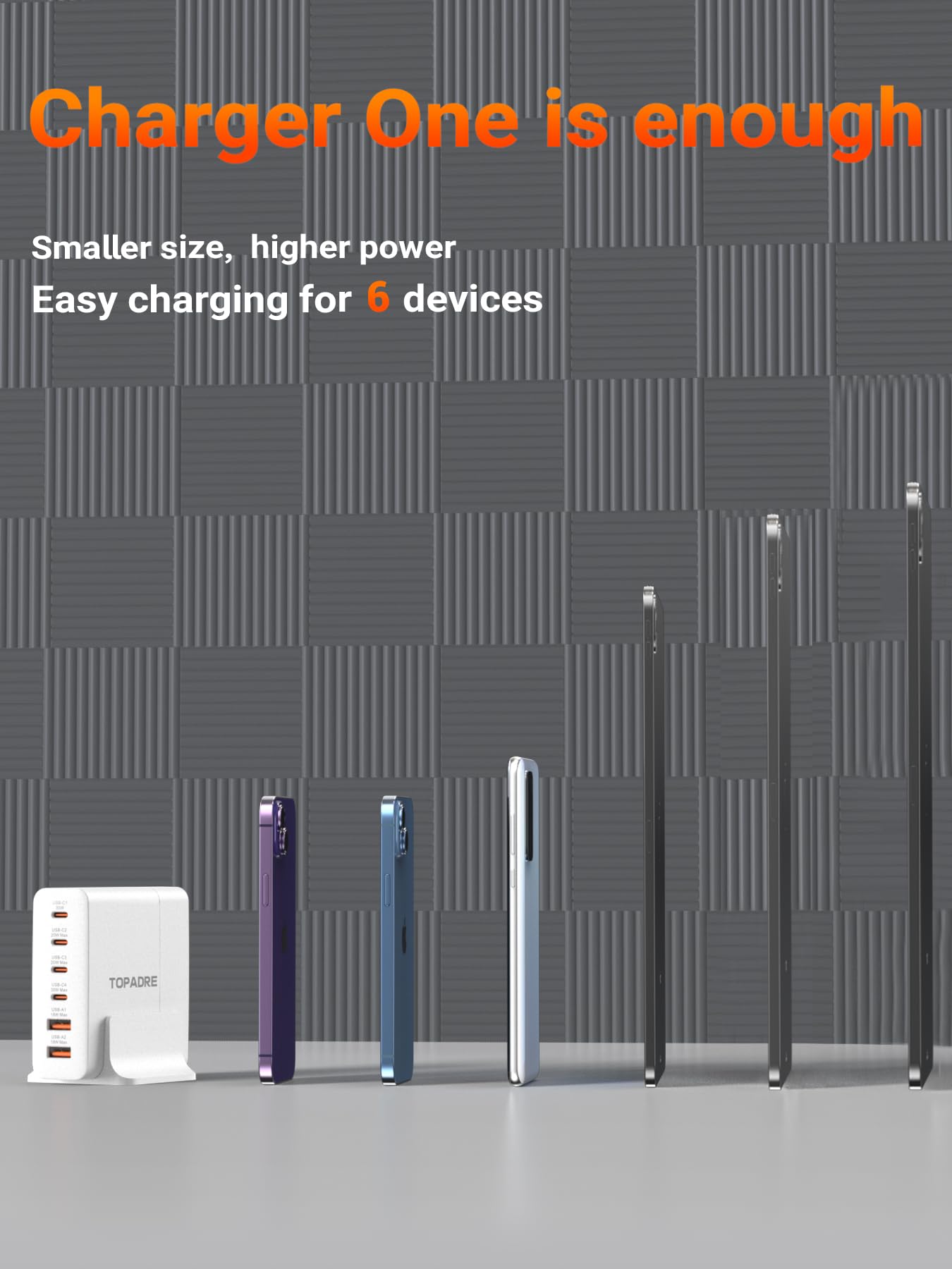 TOPADRE USB C Charger Block 80W, 6 Port Fast Charging Station Powered USB C Hub PD Charger for iPhone 15/14/13 Pro Max, iPad Pro/Air/Mini, for Samsung Galaxy S24, MacBook Pro/Air, White