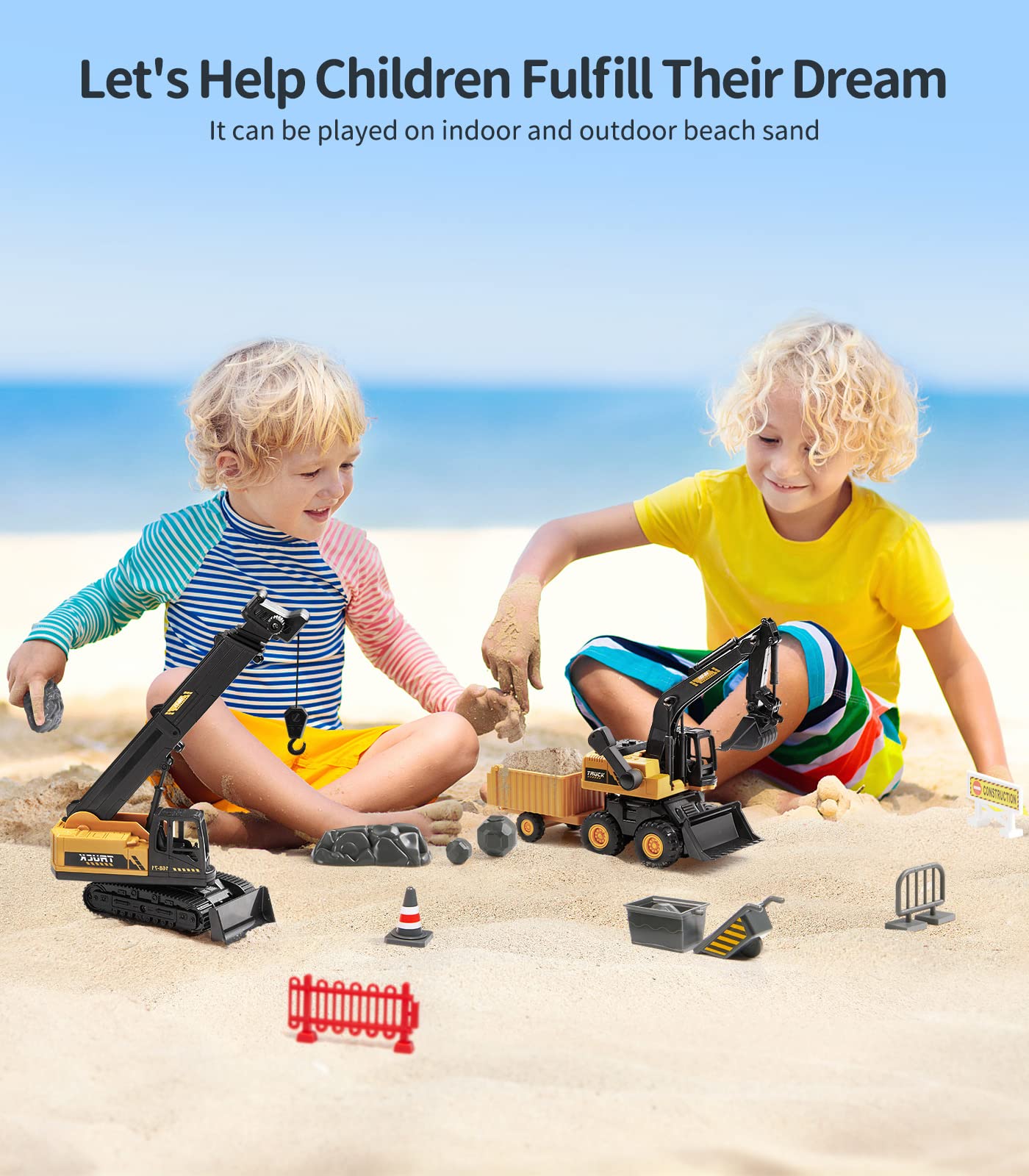 Geyiie Construction Crane Toys Trucks, Excavator Toys for Kids 3-5, Bulldozer Toys for Boys girls, Outdoor Play