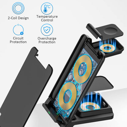 Wireless Charger, 3 in 1 Foldable Travel Charging Station,18W Fast Charging Charger for iPhone 16 15 14 13 12 Pro Max 8 Plus Galaxy S23,Portable Charger for Apple Watch Series 9 8 & Airpods 4 3 2 Pro