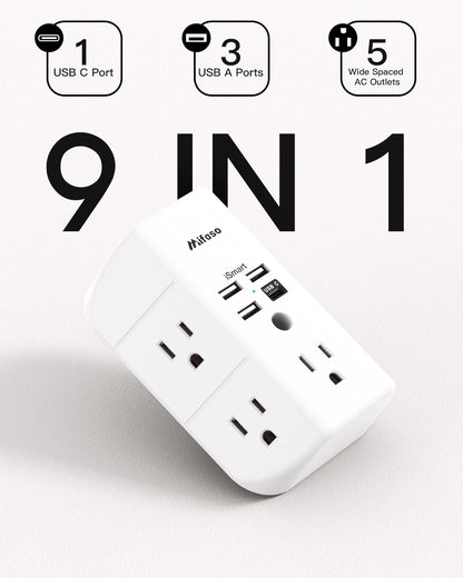 Wall Outlet Extender with Outlet Splitter Surge Protector USB Wall Charger with 5 Outlet Extender and 3 USB Ports, 1 USB C, 3-Sided Power Strip Multi Plug Outlets