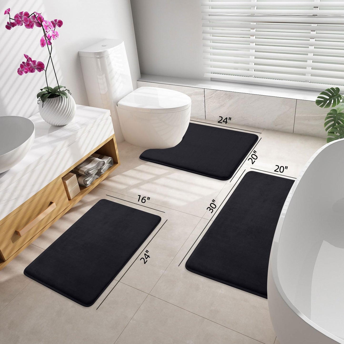 smiry Memory Foam Bath Mat 30" x 20", Extra Soft Absorbent Bathroom Rugs Non Slip Bath Rug Runner for Shower Bathroom Floors, Black