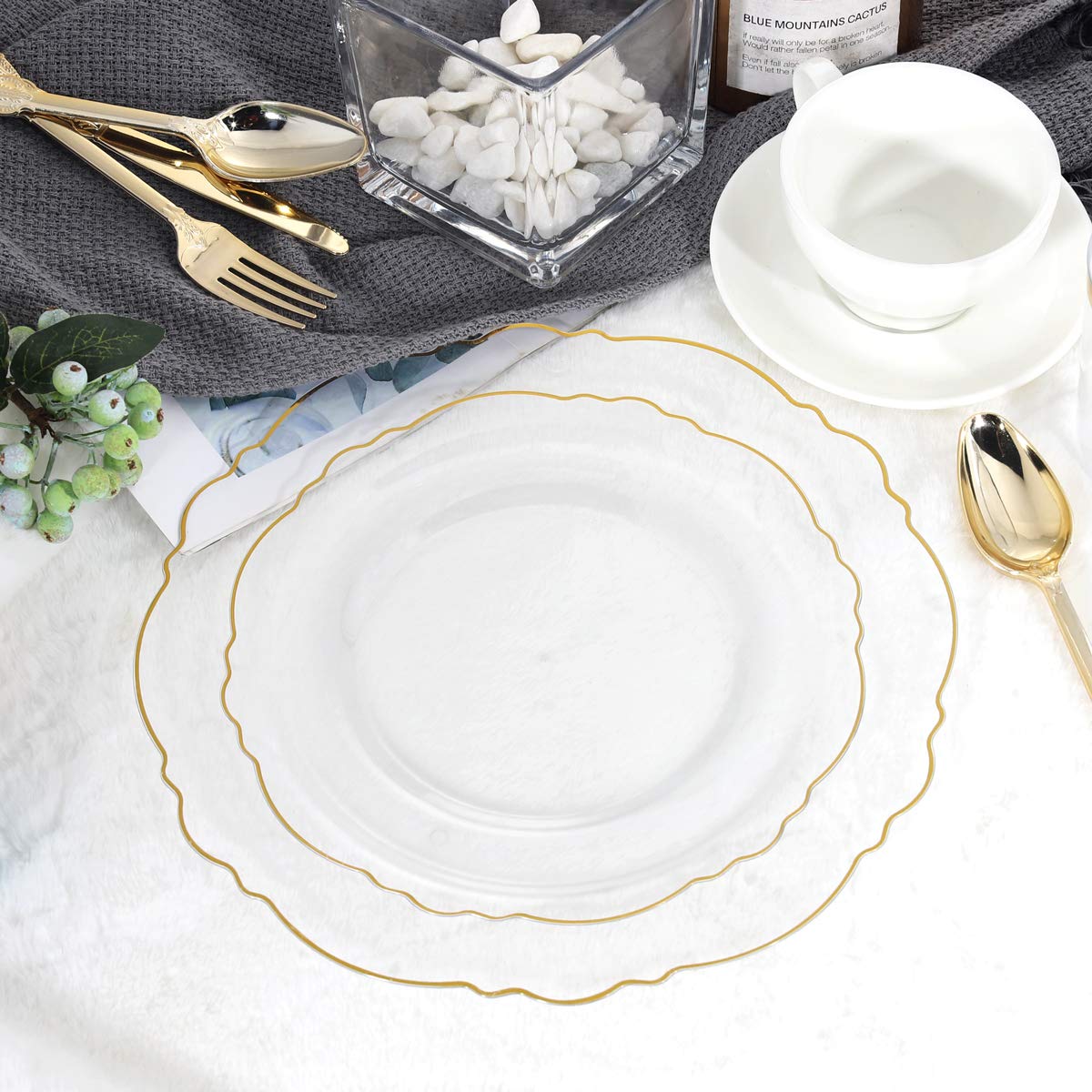 WDF 30Guest Clear and Gold Plastic Plates with Gold Plastic Silverware include 30 Dinner Plates,30 Salad Plates,30 Forks, 30 Knives,30 Spoons,30 Cups for Thanksgiving