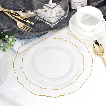 WDF 30Guest Clear and Gold Plastic Plates with Gold Plastic Silverware include 30 Dinner Plates,30 Salad Plates,30 Forks, 30 Knives,30 Spoons,30 Cups for Thanksgiving