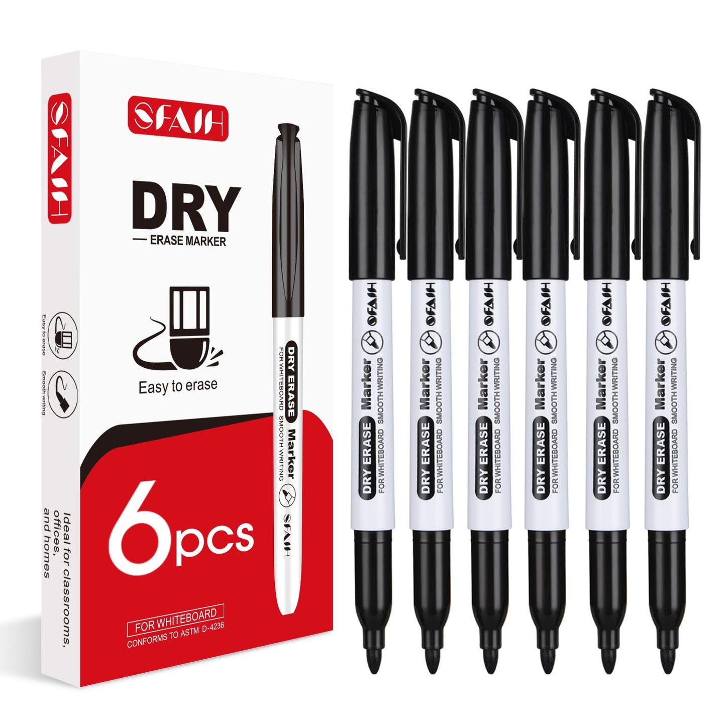SFAIH Dry Erase Markers Fine Tip - 6 Pack Whiteboard Markers Dry Erase For Kids Adult Low Odor, Black Dry Erase Markers Fine Point For Home Classroom
