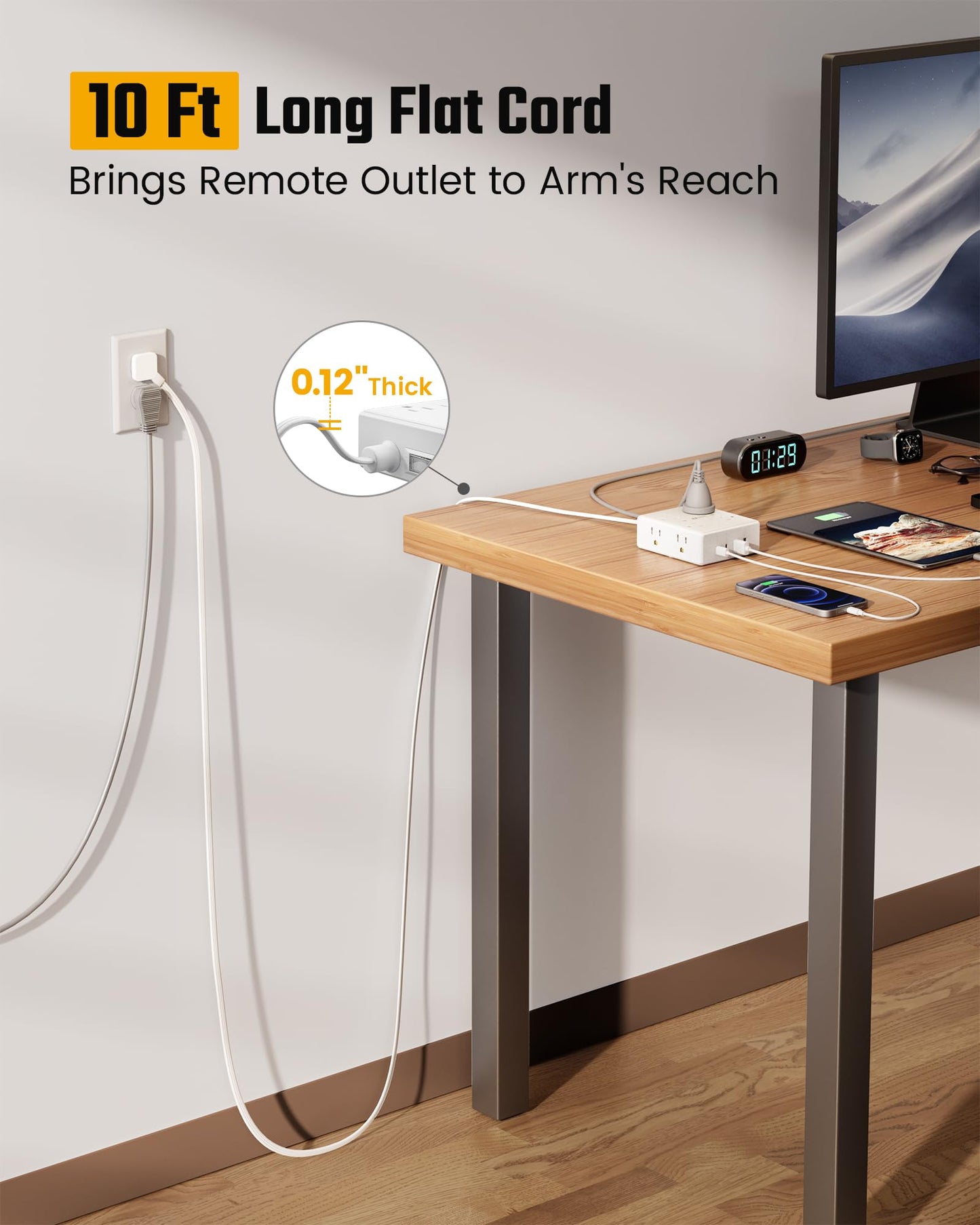 10Ft Extension Cord with 8 Outlets & USB Ports