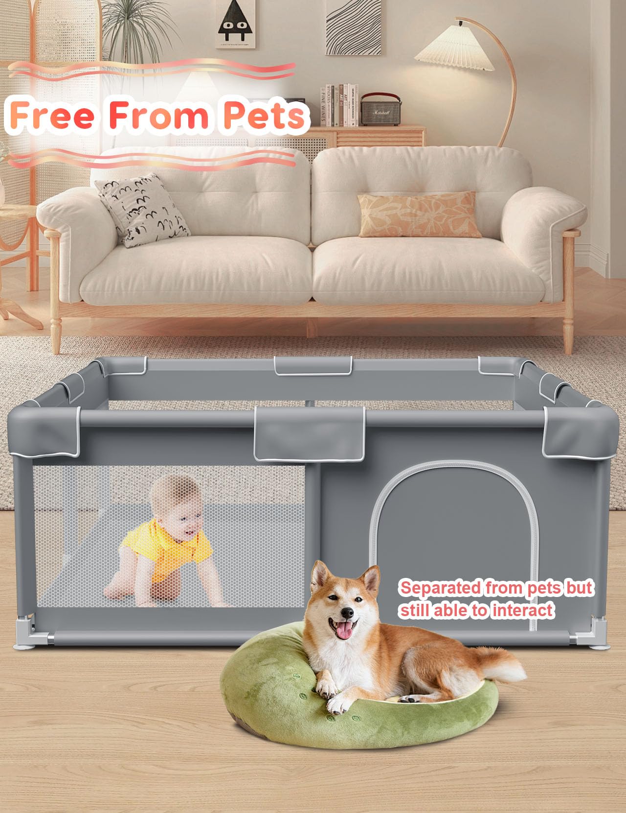 Baby Playpen Baby Play Pen for Babies and Toddlers Safe Anti-Fall Baby Play Yards Indoor & Outdoor Sturdy Safety Baby Activity Center with Soft Breathable Mesh Baby Fence 50×50 Inch