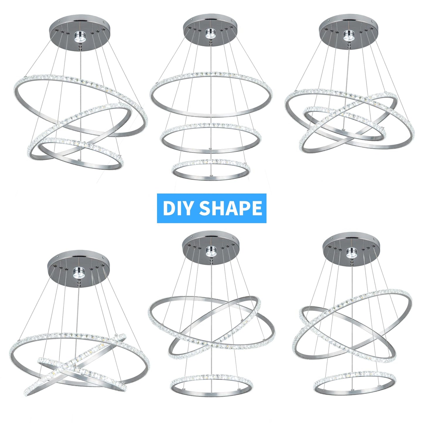 YONGYIPE LED Chandeliers Modern 3 Ring Chandelier Crystal Light Fixture Adjustable Pendant Lighting for Living Room Bedroom Dining Room (Cool White)