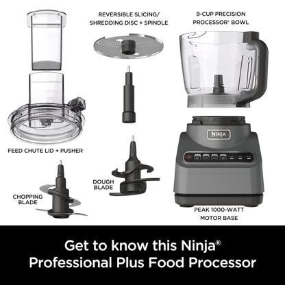 Ninja BN601 Professional Plus Food Processor, 1000 Peak Watts, 4 Functions for Chopping, Slicing, Purees & Dough with 9-Cup Processor Bowl, 3 Blades, Food Chute & Pusher, Silver