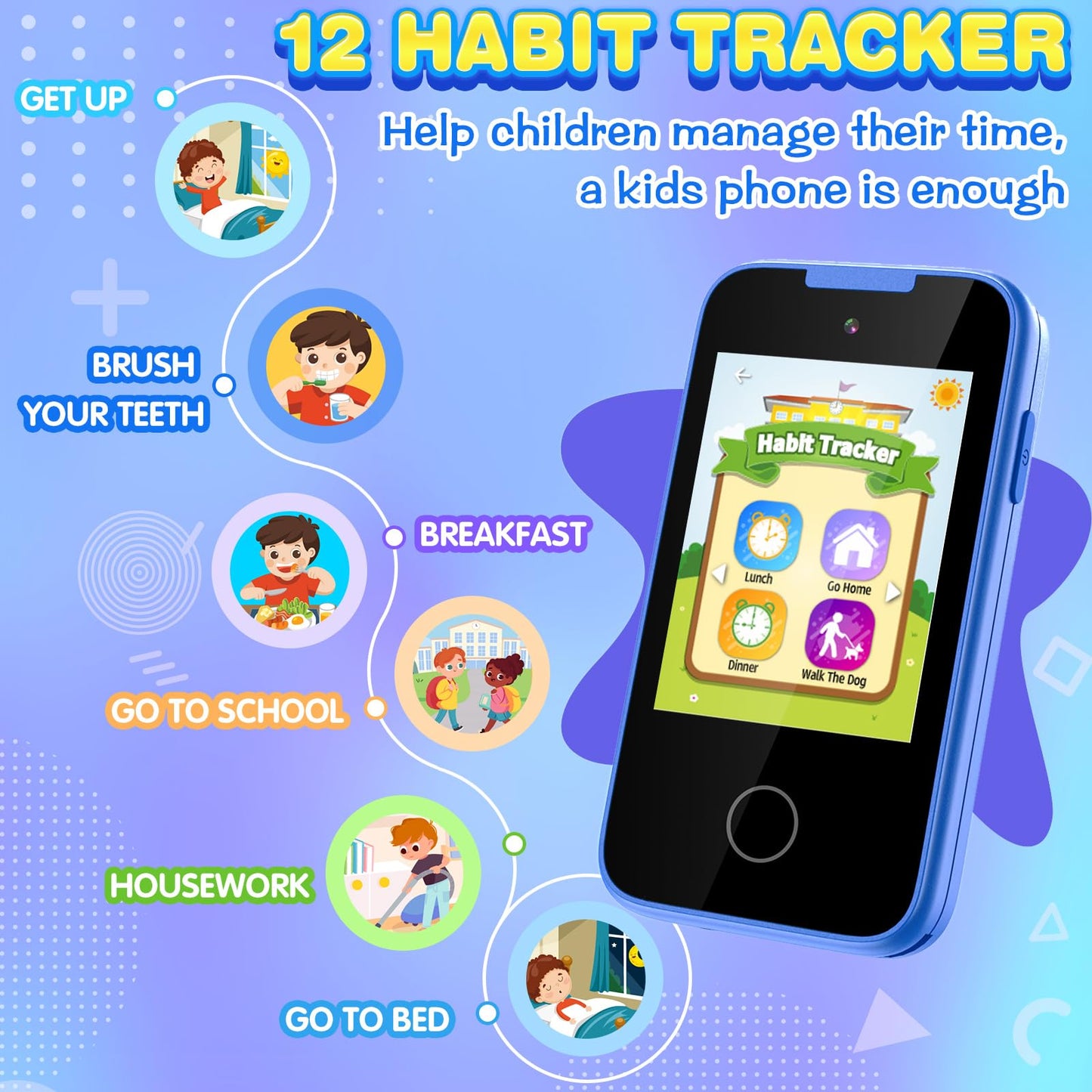 Sedzofan Upgrade Kids Phone, Toys for 3 4 5 6 Year Old Boys Touchscreen MP3 Music Player with Camera, Habit Tracker, Games Toddler Smart Phone Portable Toy for 3-6 Year Old Boys with SD Card