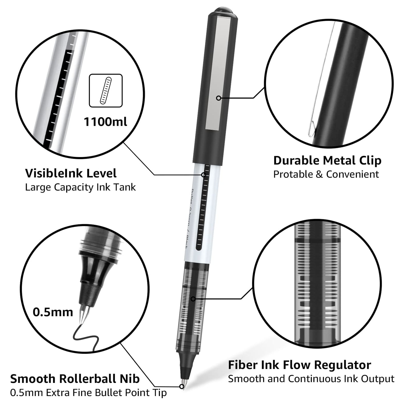 Rollerball Pen Fine Point Pens: 16 pack Black Liquid Ink Roller Ballpoint Gel Pens, 0.5 mm Extra Fine Tip Rolling Ball Stick Pens for Smooth Writing, Journaling Notes Drawing School Office Stationary