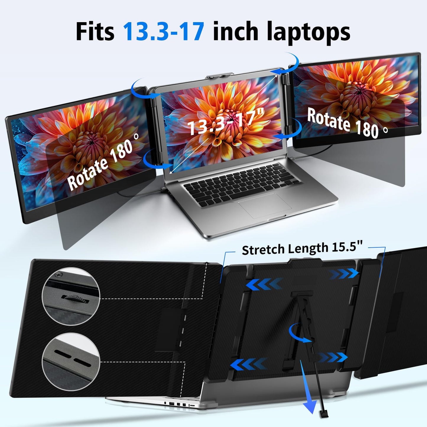 Laptop Screen Extender Triple Monitor - 14" Portable Monitor FHD 1080P Tri-screen Attachment Extended for Laptop Extra Screen Compatible with Windows Mac Dex Chrome Travel Work Fits 13-17" Laptops