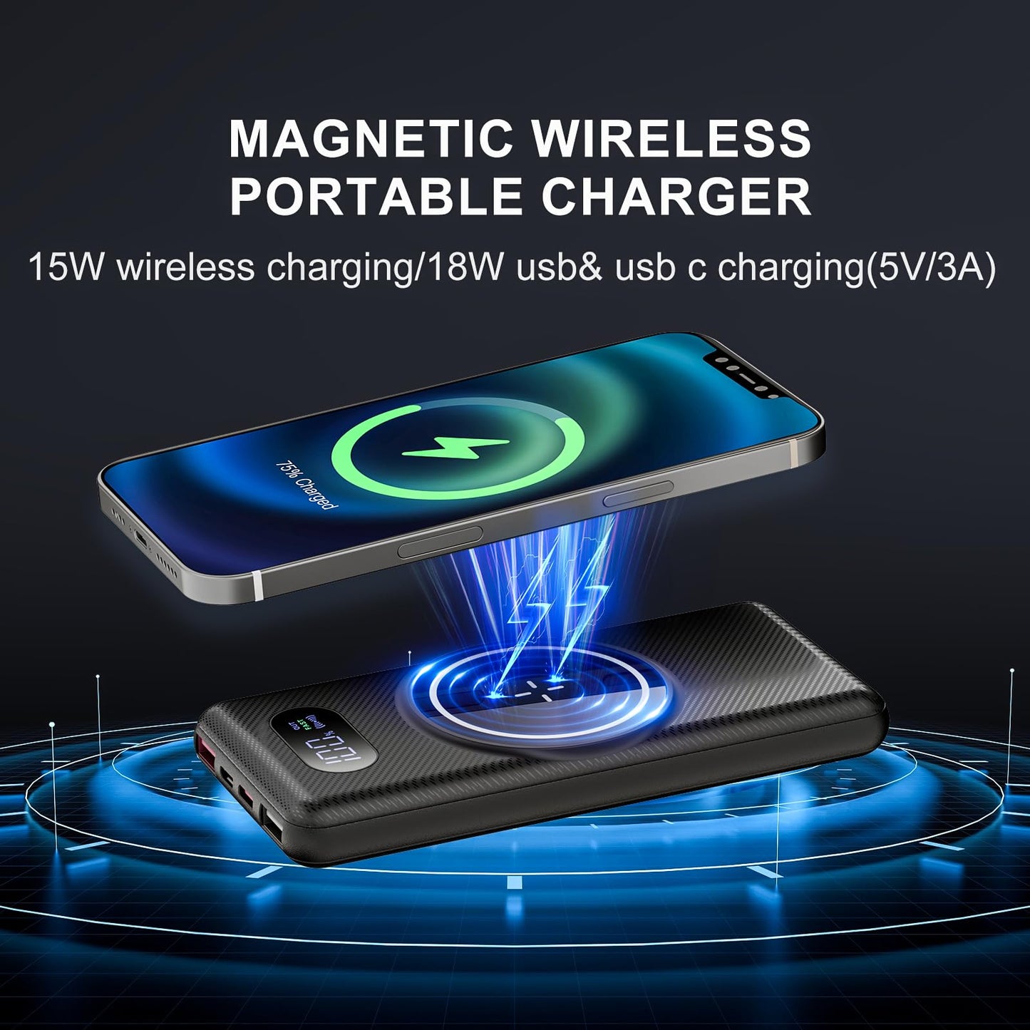 YUMGOOD Magnetic Power Bank for Magsafe iPhone, 10000mAh Wireless Fast Charging Portable Charger, USB C PD 20W QC3.0 4 Output Slim External Battery Pack for iPhone 15 14 13 12 Pro Max/Pro/Plus/Mini