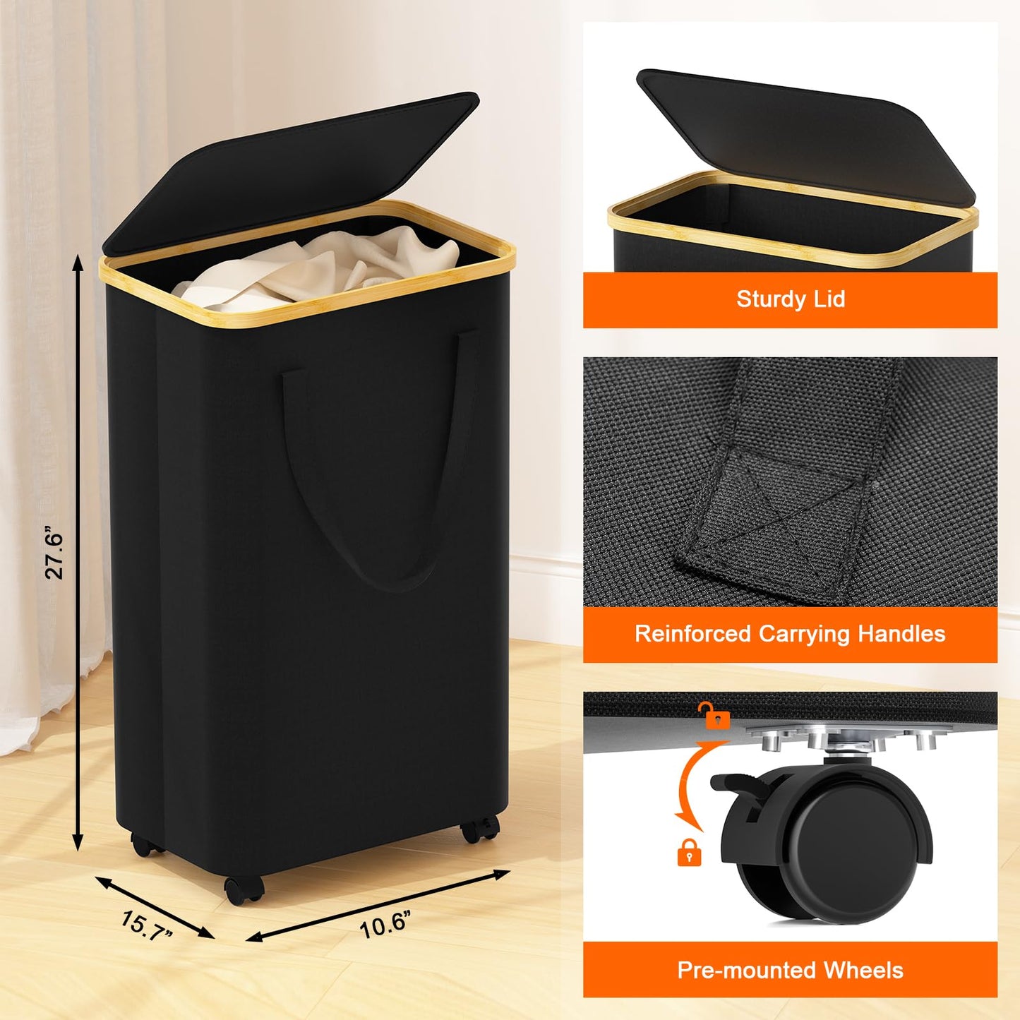 Azlafu Rolling Laundry Basket with Wheels 2-Pack, 75L Tall Slim Laundry Hamper with Lid, Waterproof Dirty Clothes Hampers for Laundry, Bedroom, Bathroom, Black Hamper with Handles for Clothes and Toys