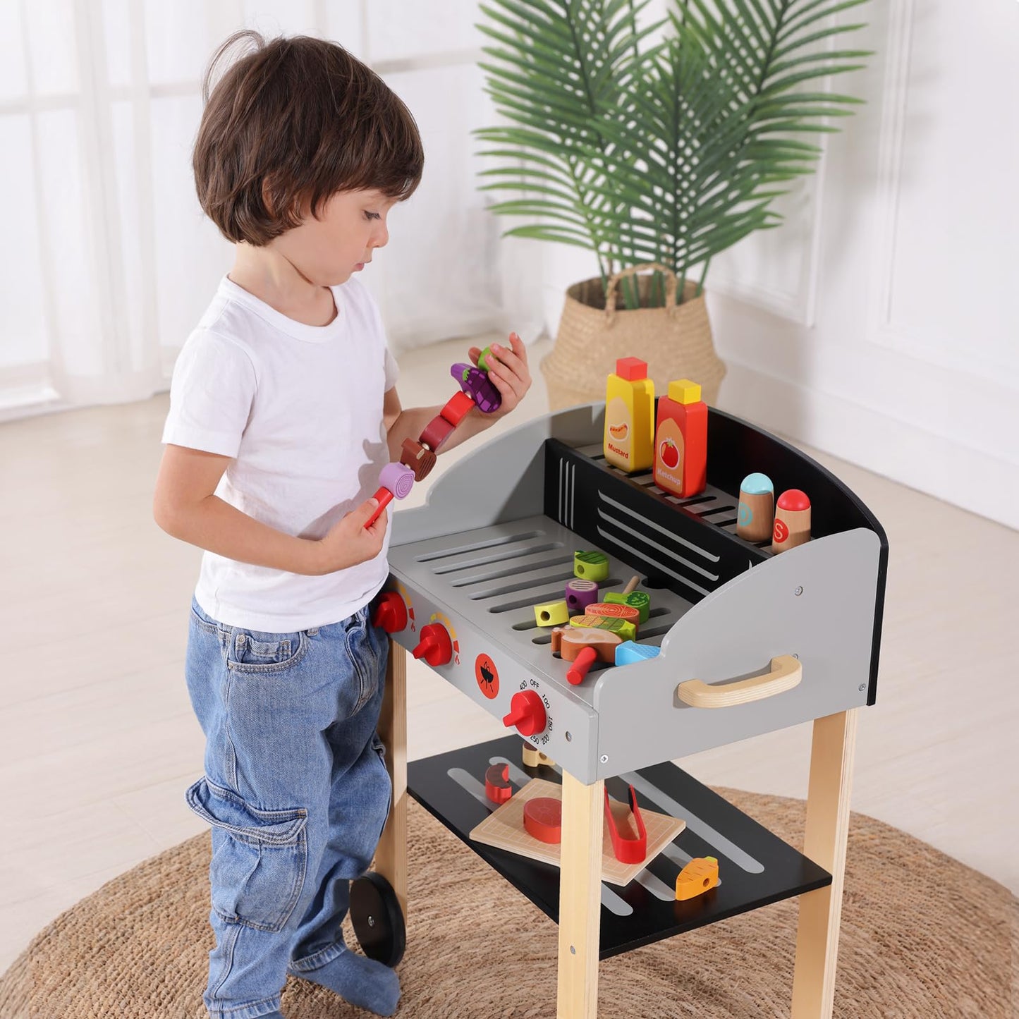 Kids Wooden Barbecue Grill Playset with Food