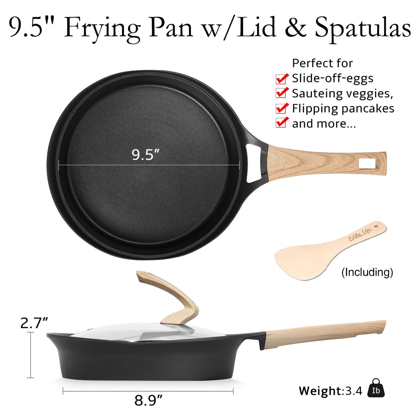 ESLITE LIFE Nonstick Deep Frying Pan Skillet with Lid, Healthy Granite Coating Egg Omelette Pan Stone Cookware Chef's Pan, PFOA Free(Black, 9.5 Inch)