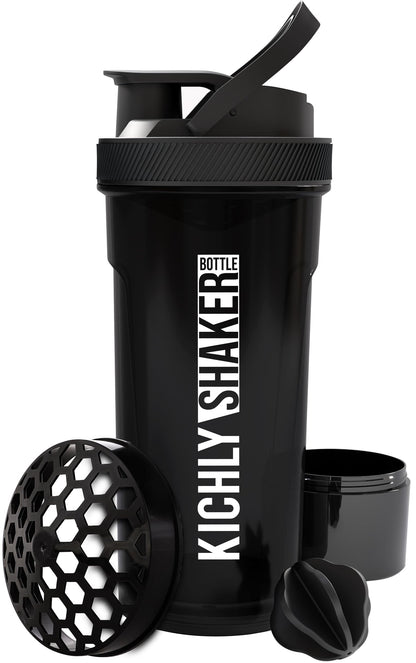 KICHLY Shaker Bottle 1 Pack - 24 Ounce Plastic Protein Shaker Bottle for Pre & Post workout with Twist & Lock Protein Box Storage (Black)